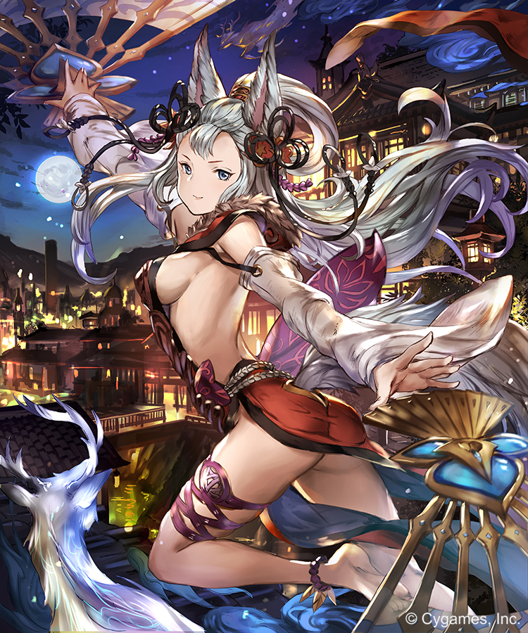 10s 1girl 77gl animal_ears anklet backless_outfit bad_id bad_pixiv_id barefoot breasts detached_sleeves dress dual_wielding erune female_focus flying_sweatdrops fox_ears fox_tail full_moon fur_trim granblue_fantasy grey_eyes hand_fan holding jewelry large_breasts long_hair long_sleeves looking_at_viewer moon night red_dress sideboob silver_hair sky societte_(granblue_fantasy) solo tail town very_long_hair wide_sleeves