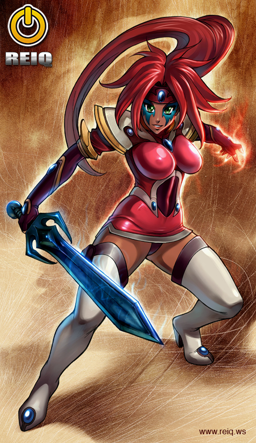 1girl artist_logo boots dark-skinned_female dark_skin el_hazard fire full_body green_eyes headband logo magic red_hair reiq shayla-shayla solo sword thigh_boots thighhighs watermark weapon web_address