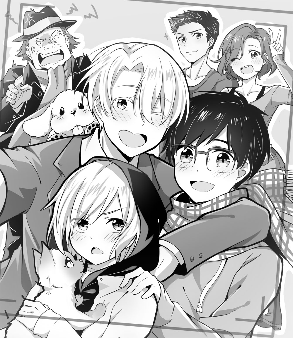 10s 1girl 5boys :d ;d anger_vein big_cat_shan blush cat dog georgi_popovich glasses greyscale hand_on_another&#039;s_shoulder hat hood hoodie katsuki_yuuri makkachin mila_babicheva monochrome multiple_boys one_eye_closed open_mouth puma_tiger_scorpion scarf selfie smile v viktor_nikiforov yakov_feltsman yuri!!!_on_ice yuri_plisetsky