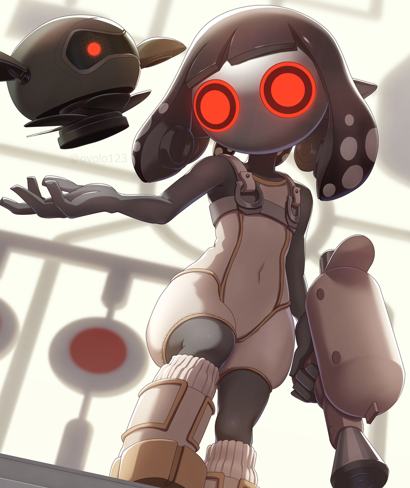 1girl bodysuit colored_skin covered_navel grey_hair grey_skin holding holding_weapon inkling mask nintendo order_shot_(splatoon) ovolo123 parallel_canon_(splatoon) pearl_(splatoon) pearl_drone_(splatoon) red_eyes robot socks splatoon_(series) splatoon_3 splatoon_3:_side_order tentacle_hair weapon white_bodysuit white_footwear white_socks
