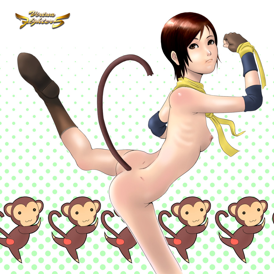 1girl ass bad_id bad_pixiv_id balancing boots breasts brown_eyes brown_hair dimples_of_venus eileen elbow_pads female_focus fingerless_gloves gloves leg_lift looking_back monkey monkey_tail neckerchief nipples nose nude petite polka_dot polka_dot_background scarf short_hair shuuji_(shumi) small_breasts solo standing standing_on_one_leg tail thighs virtua_fighter virtua_fighter_5