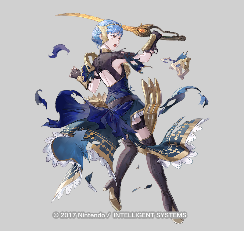 1girl armor azu-taro backless_dress backless_outfit blue_dress blutgang_(fire_emblem) breasts copyright_notice damaged dress fire_emblem fire_emblem:_three_houses fire_emblem_heroes grey_background holding holding_sword holding_weapon lace-trimmed_cape lace_trim marianne_von_edmund marianne_von_edmund_(cursed_blessing) marianne_von_edmund_(timeskip) medium_breasts nintendo official_art open_mouth simple_background solo sword torn_clothes torn_dress v-shaped_eyebrows weapon