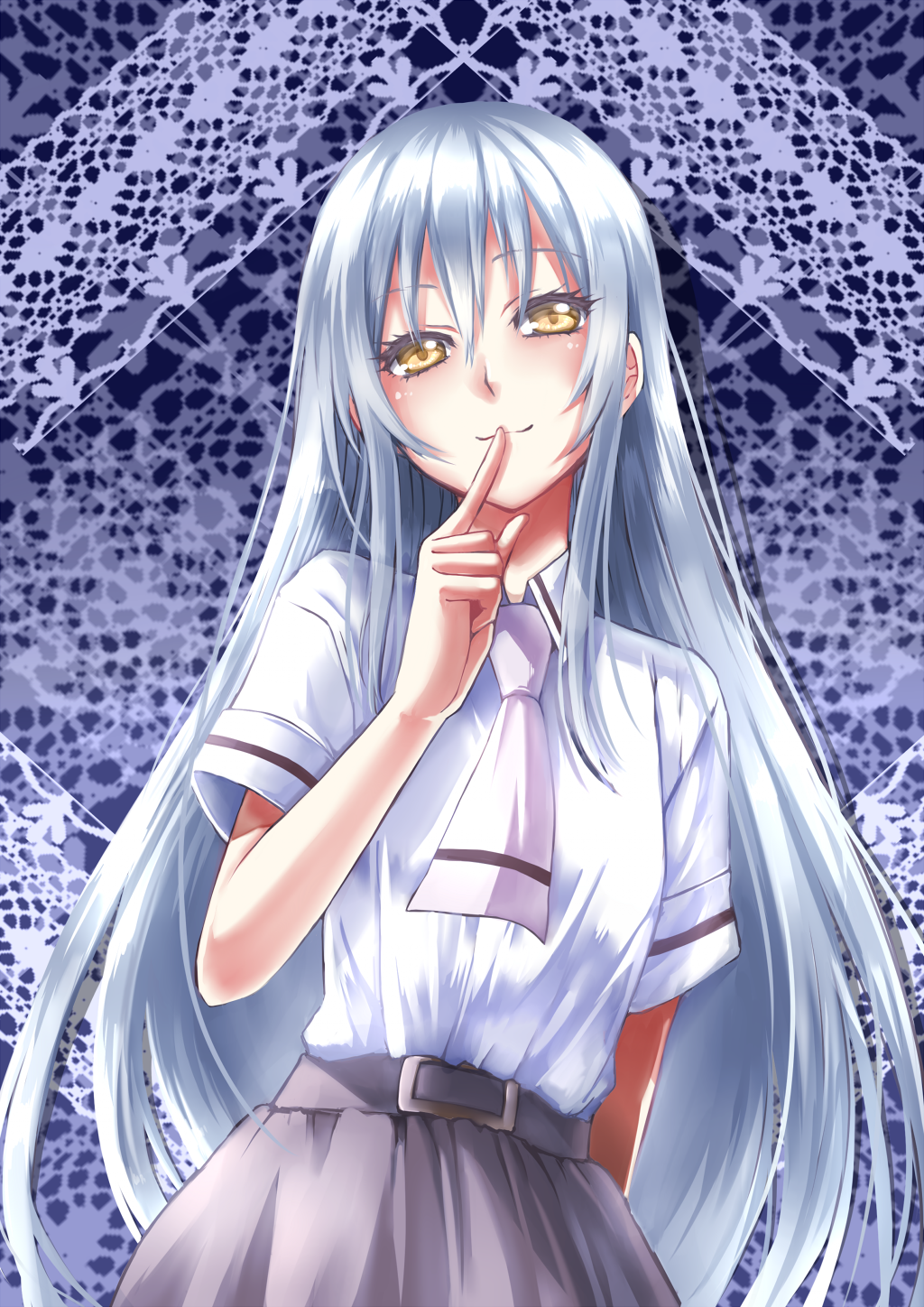 aozora_tsugumi asobi_asobase collared_shirt head_tilt highres kaikai long_hair looking_at_viewer school_uniform shirt short_sleeves silver_hair skirt smile solo standing very_long_hair yellow_eyes