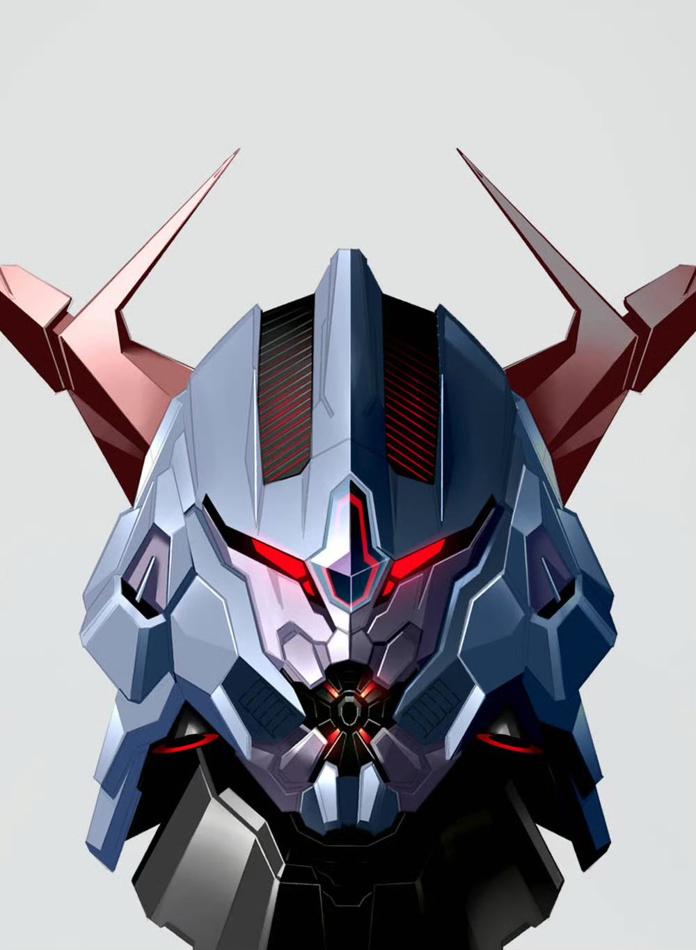 commentary_request grey_background gundam head_only highres looking_at_viewer mecha mecha_focus mobile_suit_gundam mosiaz328 no_humans red_eyes redesign robot science_fiction simple_background solo zeong