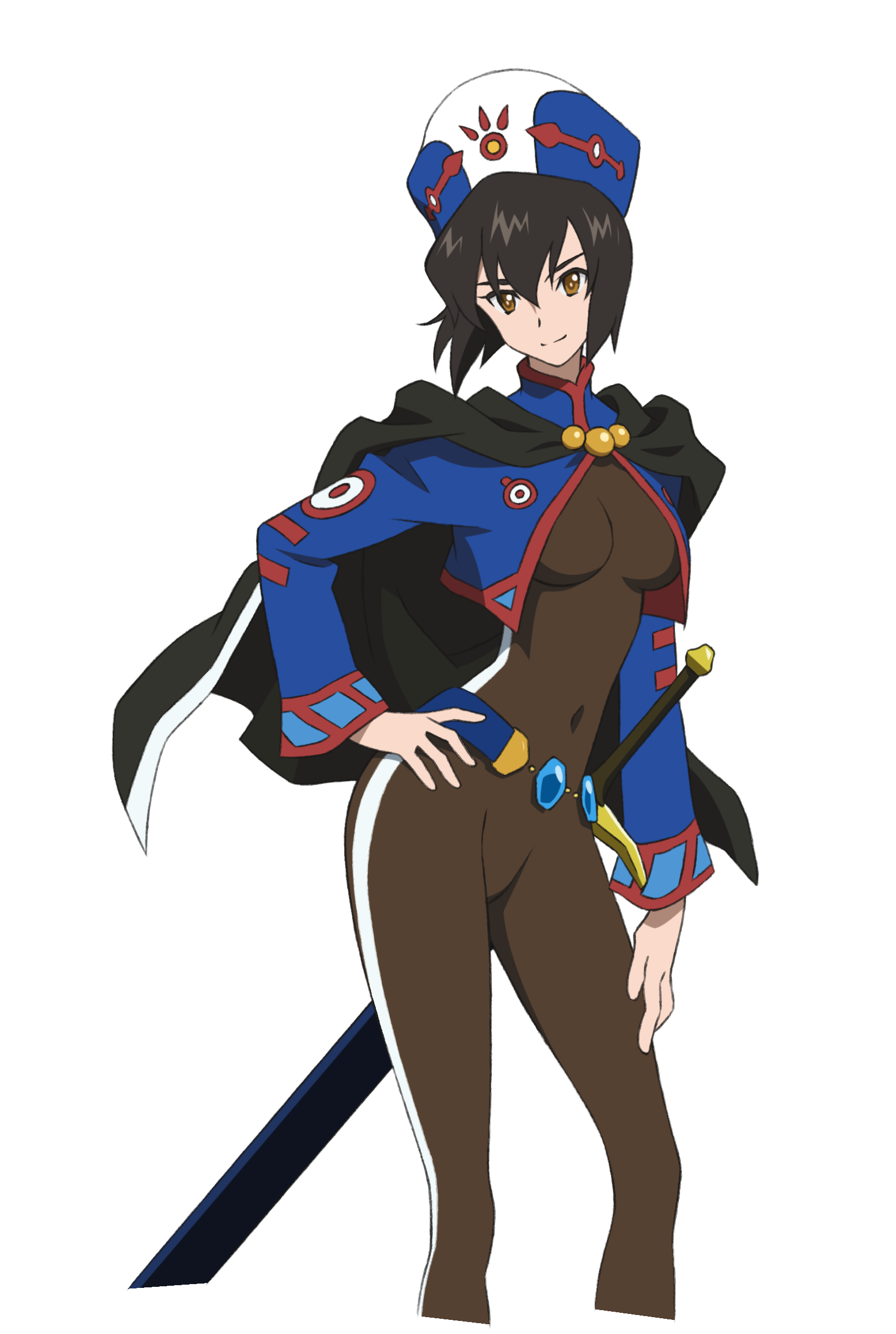 1girl absurdres anime_coloring black_hair bodysuit capelet chloe_valens covered_navel cropped_legs female_focus hand_on_own_hip hat highres jacket long_sleeves nakazawa_kazuto official_art short_hair smile solo sword tales_of_(series) tales_of_legendia transparent_background weapon yellow_eyes