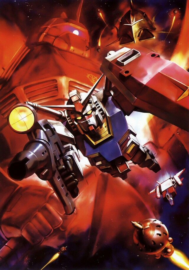 aiming artist_request battle beam_rifle bit_(gundam) core_booster earth_federation elmeth emblem energy_gun gelgoog_s_char_custom gundam mecha mobile_armor mobile_suit mobile_suit_gundam official_art one-eyed painting_(medium) promotional_art realistic robot roundel rx-78-2_gundam scan science_fiction shield space spacecraft starfighter thrusters traditional_media v-fin weapon zeon