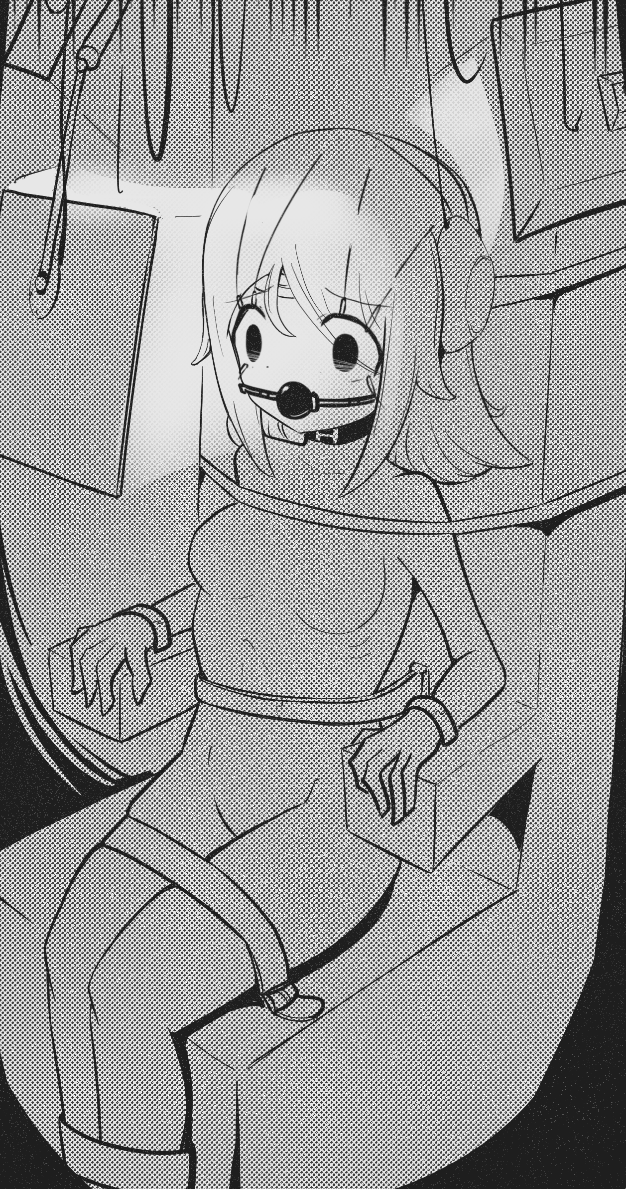 1girl animeretrograde bdsm bondage bound chair electricity greyscale monochrome