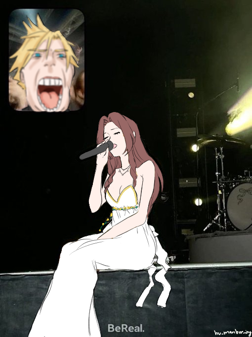 1boy 1girl aerith_gainsborough aqua_eyes back_bow bare_arms bare_shoulders blonde_hair bow breasts brown_hair cleavage closed_eyes cloud_strife derivative_work dress dress_flower drum fan_screaming_at_madison_beer_(meme) final_fantasy final_fantasy_vii final_fantasy_vii_rebirth final_fantasy_vii_remake flower gold_trim hand_on_lap holding holding_microphone hu_manbee_ing instrument jewelry long_dress long_hair medium_breasts meme microphone music necklace official_alternate_costume open_mouth parted_bangs photo_background rose short_hair shouting sidelocks singing sitting spiked_hair strapless strapless_dress white_dress yellow_flower yellow_rose