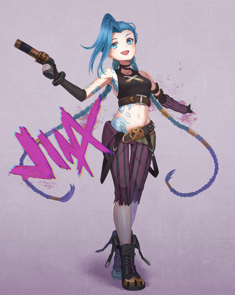 1girl arcane:_league_of_legends arcane_jinx arm_tattoo asymmetrical_bangs blue_hair boots braid breasts cloud_tattoo gloves grey_background jinx_(league_of_legends) league_of_legends long_hair pants shoulder_tattoo solo striped_clothes striped_pants tattoo torn_clothes twin_braids twintails very_long_hair weapons