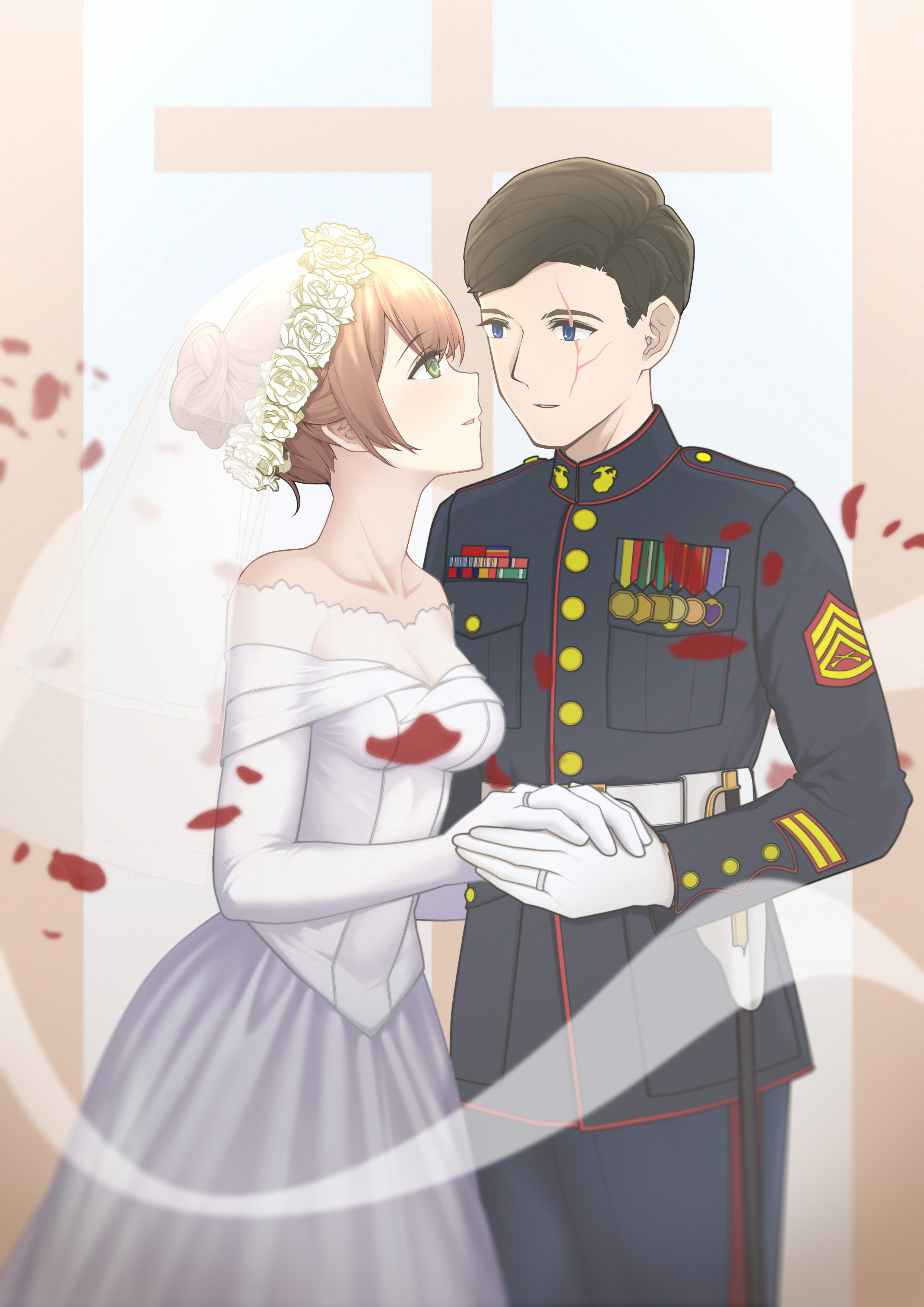 1boy 1girl absurdres alternate_costume blue_eyes bridal_veil brown_hair commentary dress english_commentary girls'_frontline gloves green_eyes highres husband_and_wife jewelry macayase medal military_dress_uniform military_rank_insignia military_uniform petals ribbon_bar ring rose_petals scar scar_on_face springfield_(girls'_frontline) united_states_marine_corps veil wedding wedding_dress wedding_ring white_gloves