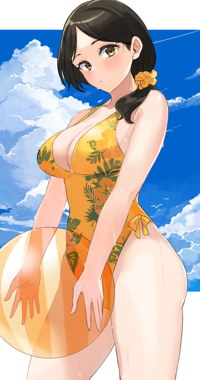 1girl ashita_(2010) ball beachball black_hair blue_sky blush closed_mouth cloud commentary_request commission day hair_ornament hair_scrunchie hibike!_euphonium highres holding holding_ball holding_beachball leaf_print medium_hair ogasawara_haruka one-piece_swimsuit orange_one-piece_swimsuit orange_scrunchie scrunchie skeb_commission sky solo standing swimsuit thighs yellow_eyes