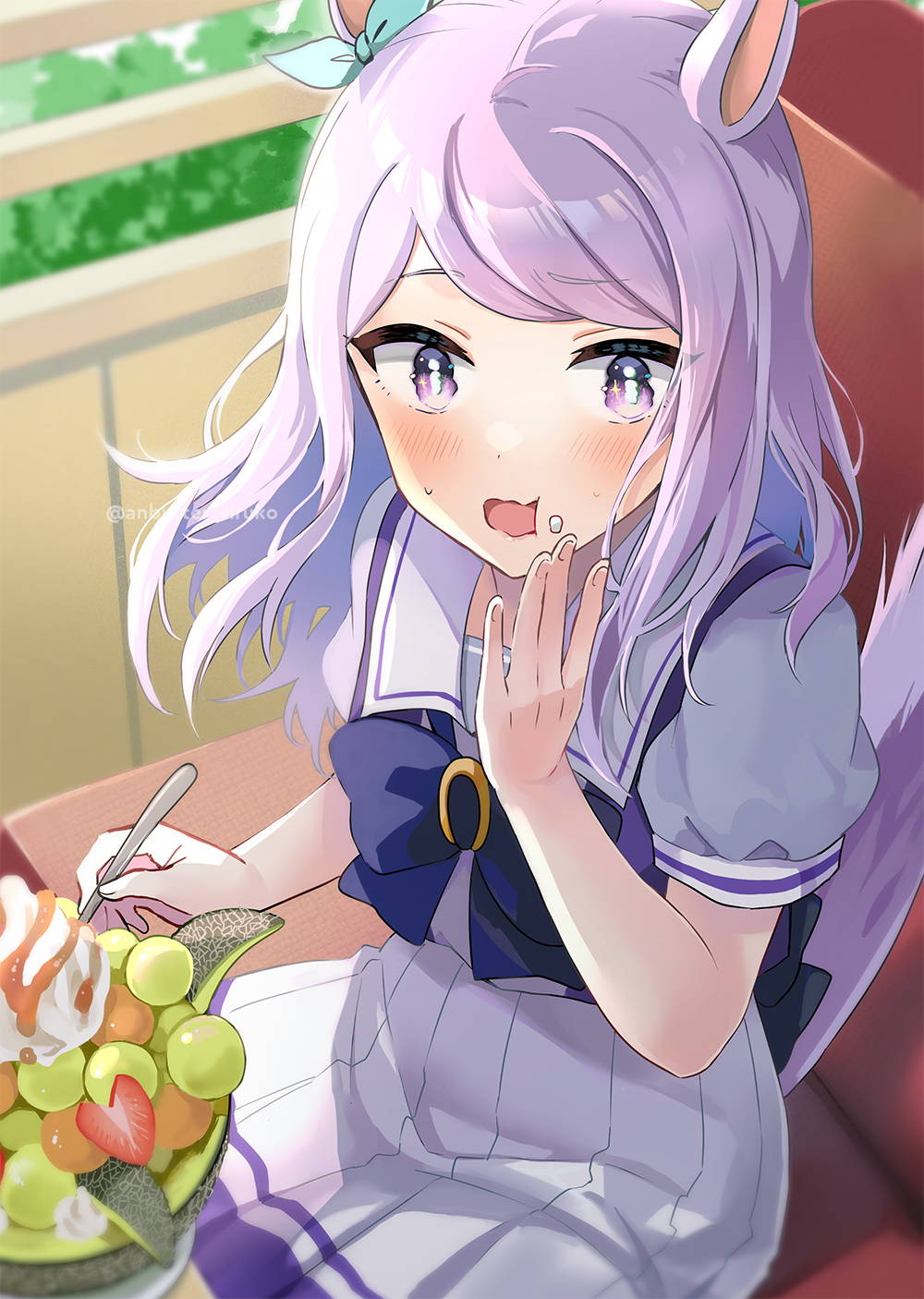 1girl anbutter_siruko animal_ears aqua_bow blush bow commentary_request ear_bow eating food food_on_face fruit highres holding holding_spoon horse_ears horse_girl horse_tail light_purple_hair long_hair mejiro_mcqueen_(umamusume) melon open_mouth pleated_skirt purple_eyes school_uniform short_sleeves skirt solo spoon strawberry tail tracen_school_uniform twitter_username umamusume white_skirt