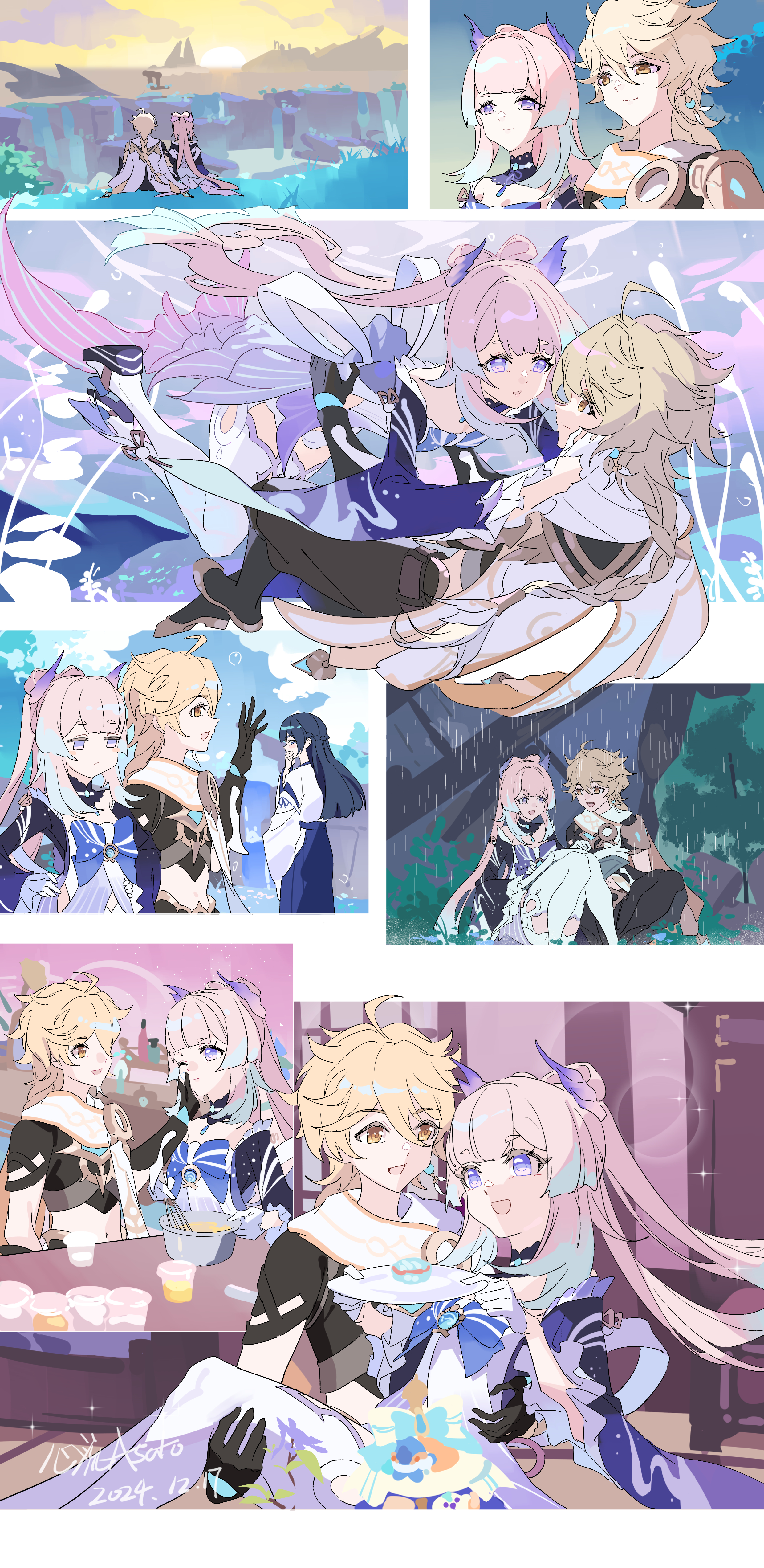 1boy 2girls absurdres aether_(genshin_impact) ahoge blonde_hair braid brown_shirt cropped_shirt detached_sleeves genshin_impact highres long_hair multiple_girls pink_hair purple_eyes ribbon sangonomiya_kokomi scarf shirt thighhighs white_scarf white_thighhighs xinliu_asato yellow_eyes