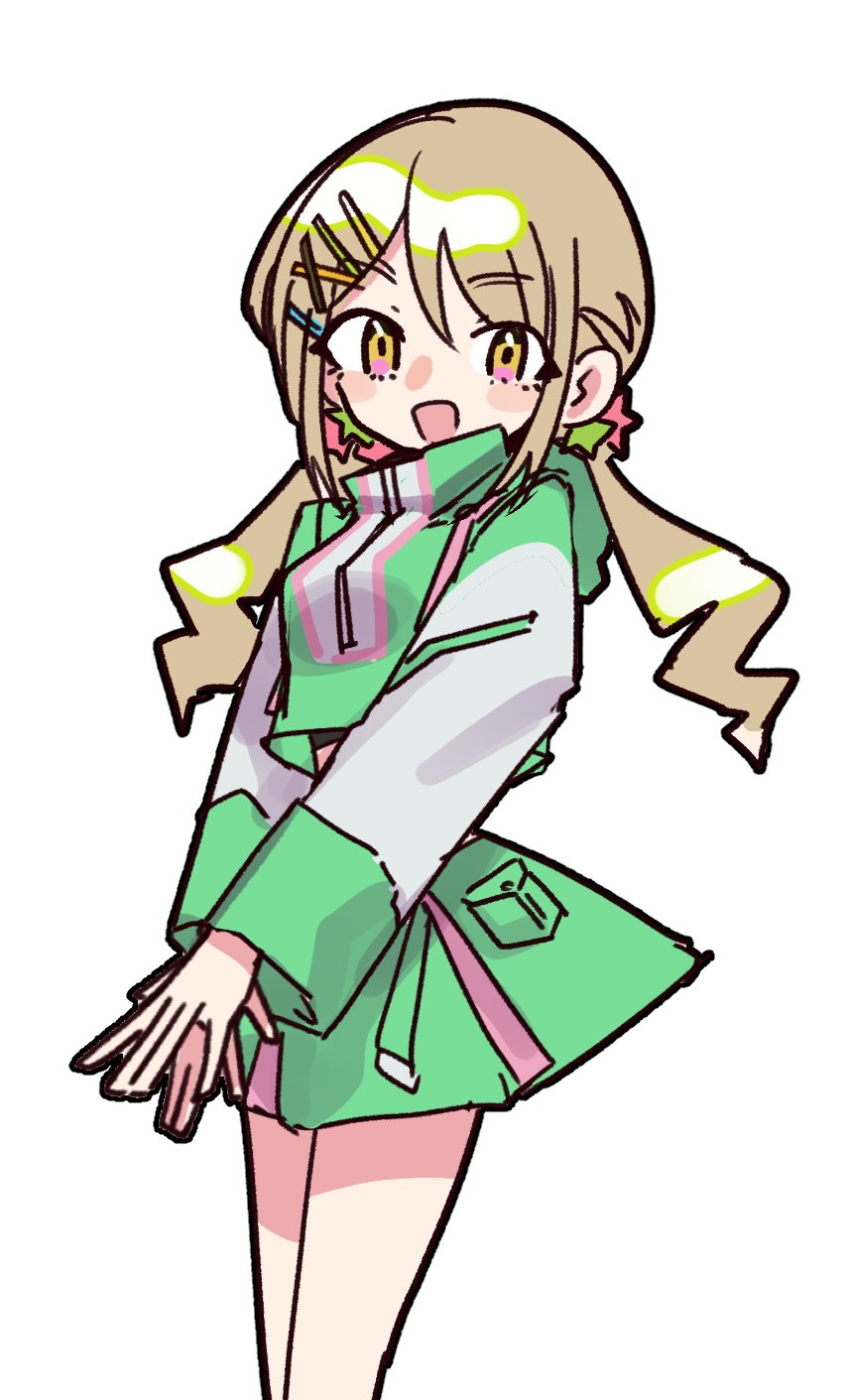 1girl :d brown_hair cowboy_shot cropped_jacket denonbu green_jacket green_skirt hair_between_eyes hair_ornament hairclip high_collar highres jacket kayano_futaba long_hair long_sleeves looking_at_viewer low_twintails open_mouth pleated_skirt simple_background skirt smile solo standing tsuzutsu twintails white_background x_hair_ornament yellow_eyes