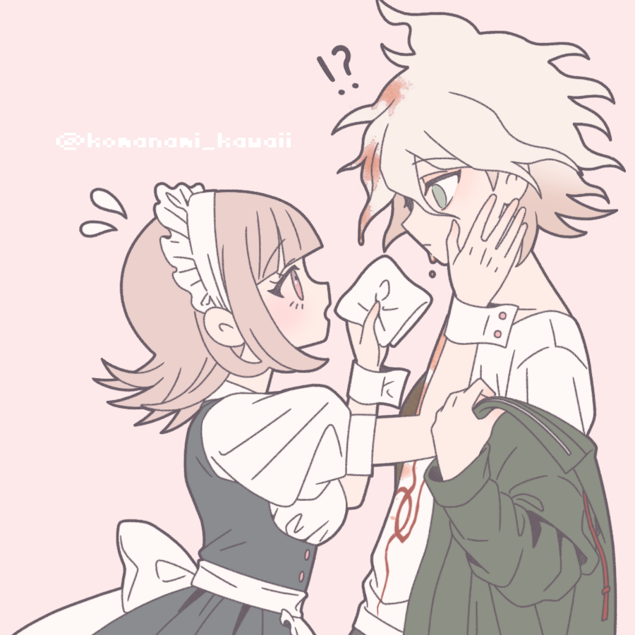 !? 1boy 1girl :d :o breasts brown_hair cleavage coffee danganronpa_(series) danganronpa_2:_goodbye_despair dress eye_contact from_side galaga green_jacket grey_background grey_hair holding holding_tissue hood hood_down hooded_jacket jacket komaeda_nagito komanami_kawaii large_breasts looking_at_another maid messy_hair nanami_chiaki official_alternate_costume open_clothes open_jacket open_mouth pink_eyes print_shirt shirt short_hair simple_background smile tray white_shirt