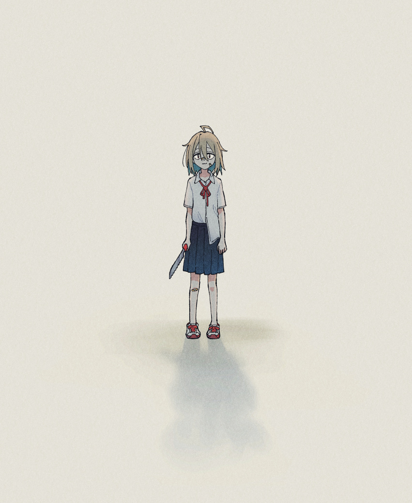 1girl :3 ahoge backlighting bandaid bandaid_on_cheek bandaid_on_face bandaid_on_knee bandaid_on_leg bandaid_on_nose blue_hair blue_skirt brown_background brown_hair byackopath_(artist) closed_mouth collared_shirt colored_inner_hair commentary_request do_it_yourself!! holding_tool looking_at_viewer loose_neck_ribbon medium_hair multicolored_hair neck_ribbon pleated_skirt red_ribbon ribbon saw shadow shirt shirt_partially_tucked_in shoes short_sleeves simple_background skirt smile sneakers solo standing white_shirt white_shoes wide_shot yua_serufu