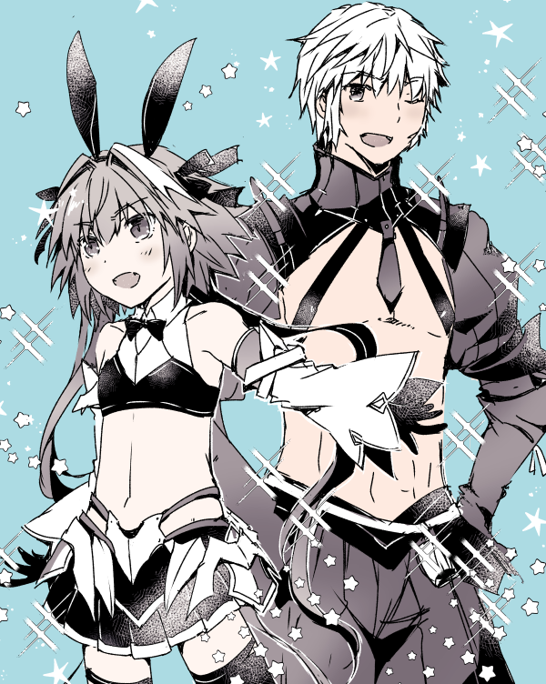 2boys animal_ears astolfo_(fate) commentary_request crop_top detached_sleeves fake_animal_ears fang fate/grand_order fate_(series) gloves hair_intakes male_focus male_playboy_bunny midriff minafuni miniskirt multiple_boys necktie one_eye_closed open_mouth pleated_skirt rabbit_ears roland_(fate) short_necktie shrug_(clothing) skirt smile sparkle sparkling_aura trap
