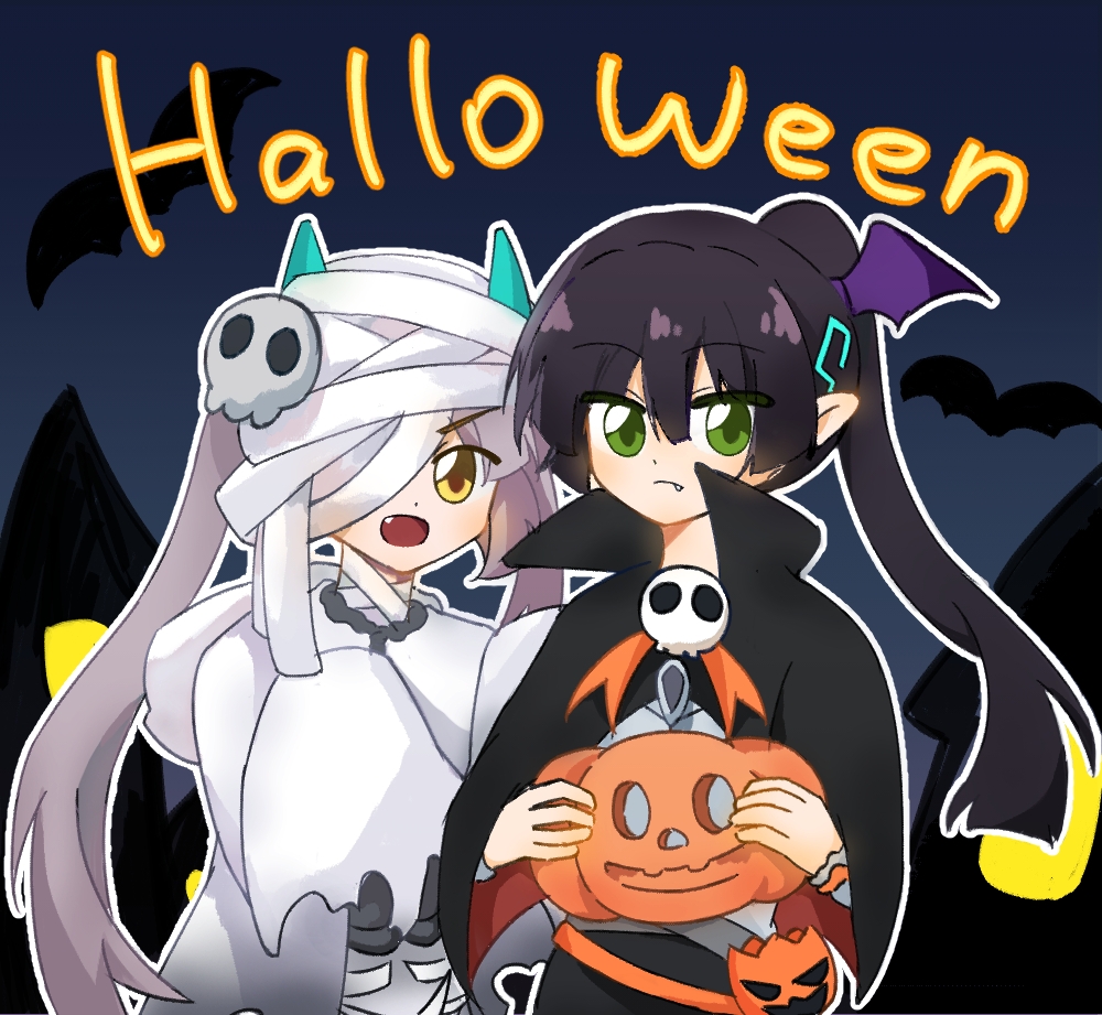 2girls bat_(animal) black_hair ghost_costume green_eyes halloween halloween_costume happy_halloween heaven_burns_red jack-o&#039;-lantern long_hair multiple_girls natsume_inori ogasawara_hisame outdoors ponytail pumpkin takayu60394 twintails white_hair yellow_eyes