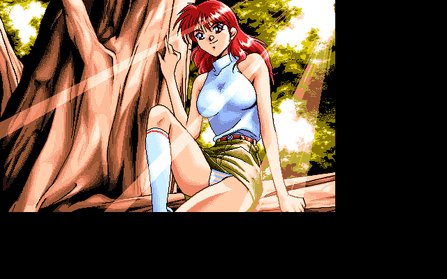 1990s_(style) 1girl belt breasts brown_belt brown_eyes forest game_cg green_skirt kneehighs large_breasts light_rays long_hair misao nature nocturnal_illusion_(game) panties pc98 pink_panties pixel_art pp_disk red_hair retro_artstyle shirt sitting skirt sleeveless sleeveless_shirt smile socks striped_clothes striped_panties sunbeam sunlight tree underwear white_shirt white_socks