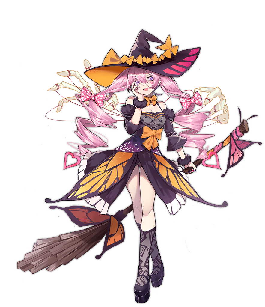 1girl :d animal_print ark_order black_dress black_shoes black_socks bow bowtie breasts broom butterfly_print detached_sleeves dress drill_hair facial_tattoo full_body hand_on_own_face hat hat_bow heart heart_tattoo holding holding_broom juliet_sleeves kzhu lich_(ark_order) long_hair long_sleeves mary_janes medium_breasts multicolored_nails nail_polish official_art open_mouth pink_hair platform_shoes puffy_sleeves purple_eyes purple_nails shoes sidelocks skeletal_hand smile socks solo tachi-e tattoo transparent_background twin_drills very_long_hair walking wide_sleeves witch_hat wrist_cuffs yellow_bow yellow_bowtie