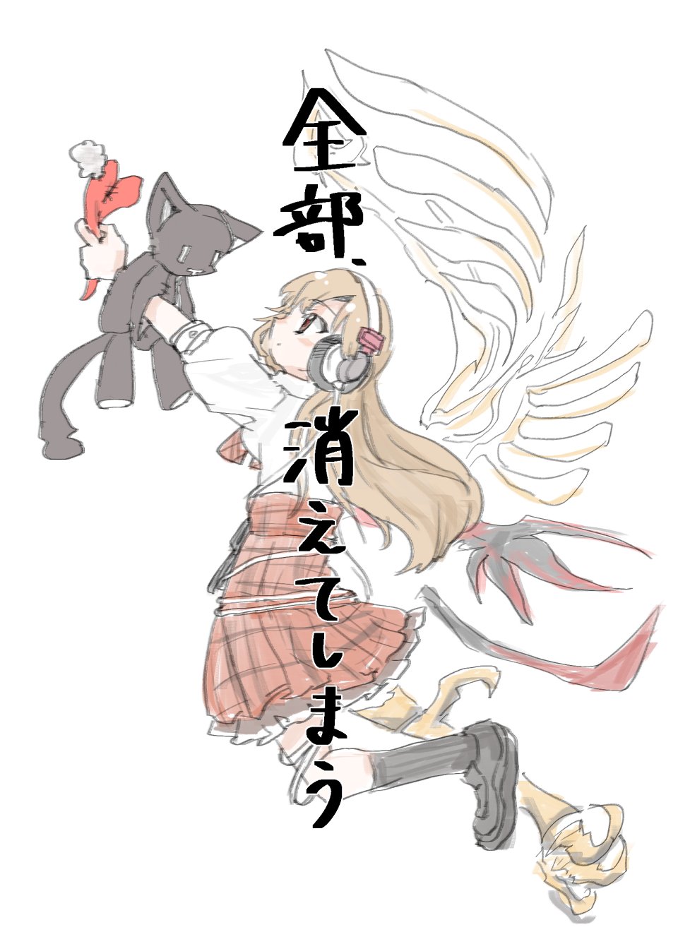 1girl animal_legs brown_hair claws collared_shirt female_focus full_body headphones heart highres long_hair matsunae_tsugumi nyantan plaid_clothes plaid_skirt red_eyes red_skirt school_uniform shin_subarashiki_kono_sekai shirt short_sleeves skirt solo stuffed_animal stuffed_cat stuffed_toy subarashiki_kono_sekai transformation white_shirt wings