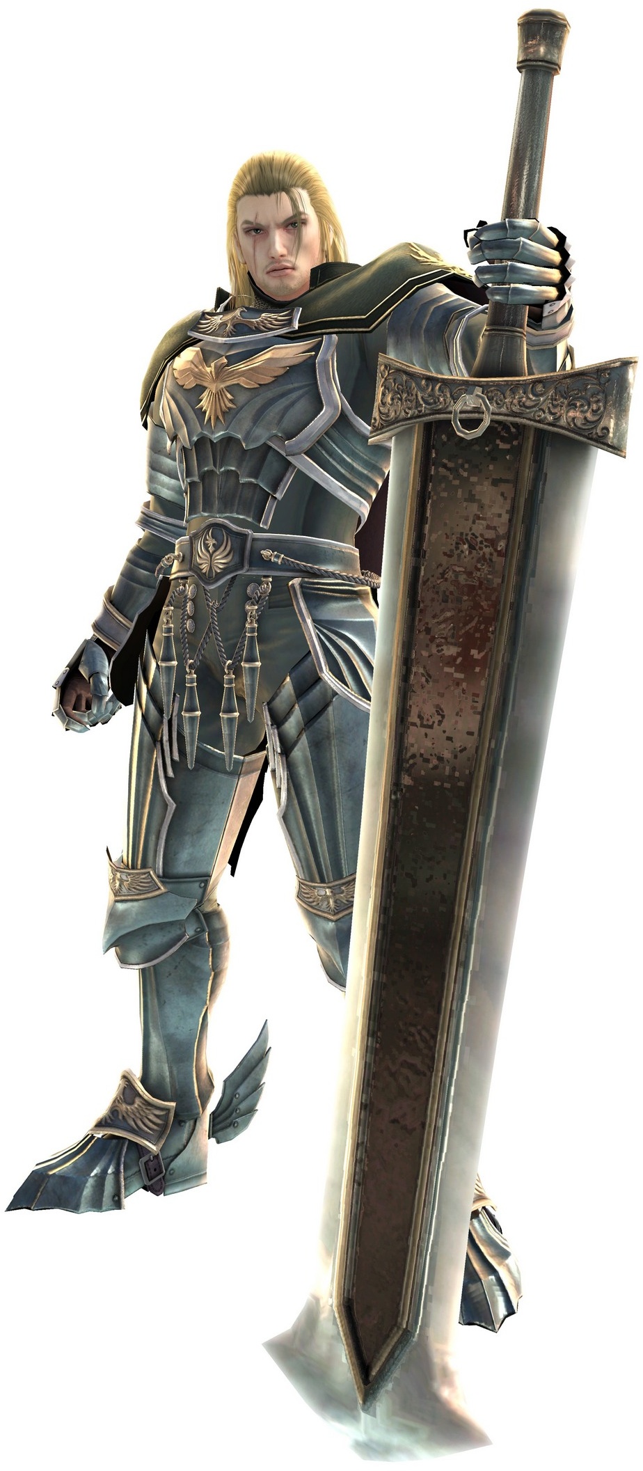 1boy 3d blonde_hair cape facial_hair greatsword green_eyes highres long_hair male_focus scar siegfried_schtauffen solo soul_calibur soulcalibur soulcalibur_v stubble sword weapon white_background zweihander
