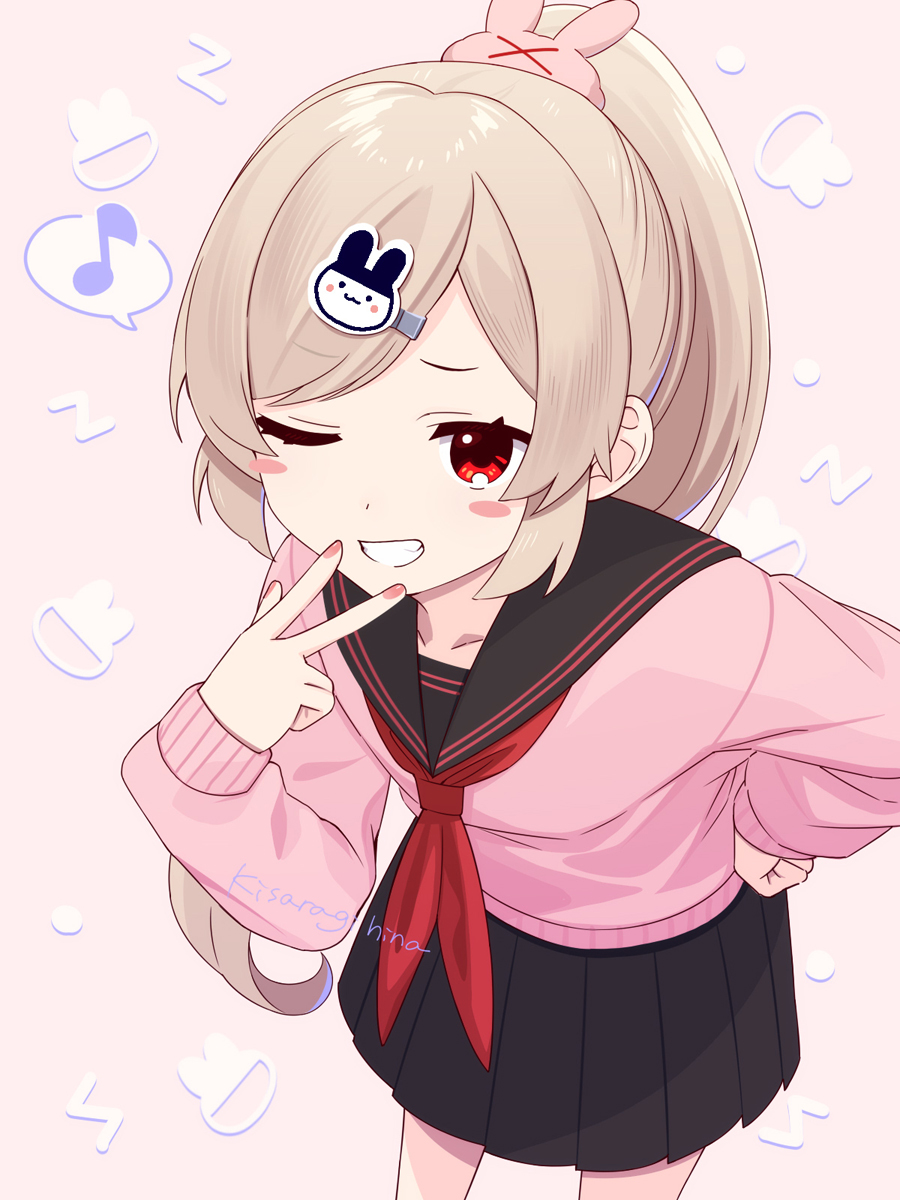 1girl black_sailor_collar black_skirt commentary cowboy_shot hair_ornament hand_on_own_hip hand_up hashtag-only_commentary highres kisaragi_hina leaning_forward long_hair long_sleeves looking_at_viewer musical_note natori_sana natori_sana_(school_uniform) neckerchief official_alternate_costume one_eye_closed pink_background pink_sweater pleated_skirt ponytail rabbit_hair_ornament red_eyes red_neckerchief sailor_collar sana_channel skirt smile solo spoken_musical_note standing sweater twintails virtual_youtuber w w_over_mouth