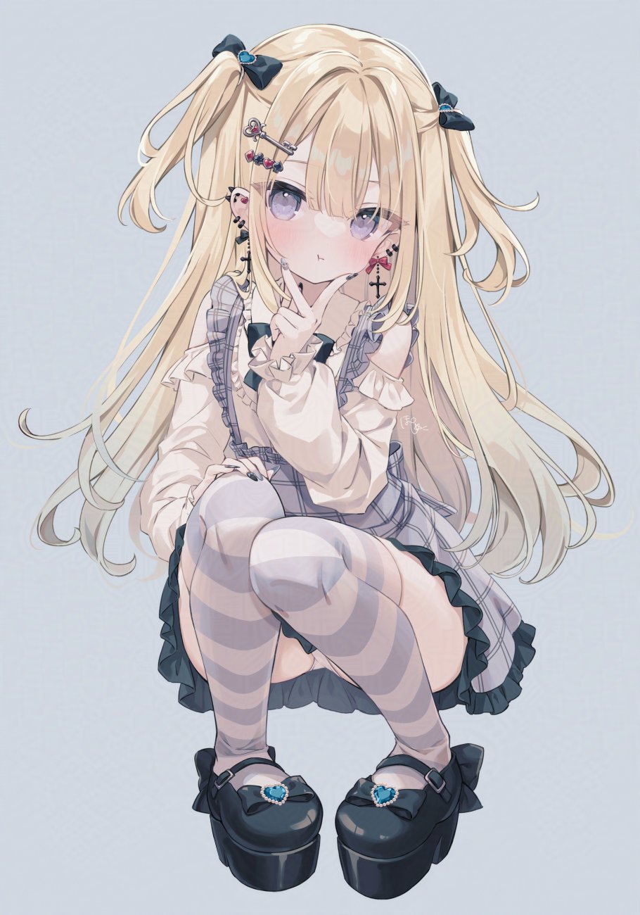 1girl :t black_bow black_nails black_shoes blonde_hair bow closed_mouth club_hair_ornament collared_shirt commentary_request cross cross_earrings diamond_hair_ornament earrings frilled_shirt_collar frilled_skirt frills full_body grey_background grey_nails grey_skirt hair_between_eyes hair_bow hair_ornament hand_up heart heart_hair_ornament highres hoshi_(snacherubi) jewelry key_hair_ornament latin_cross long_hair long_sleeves looking_at_viewer multicolored_nails nail_polish original panties platform_shoes pout puffy_long_sleeves puffy_sleeves purple_eyes red_bow shirt shoes simple_background skirt sleeves_past_wrists solo spade_hair_ornament squatting striped_clothes striped_thighhighs suspender_skirt suspenders thighhighs two_side_up underwear v v_over_mouth very_long_hair white_panties white_shirt