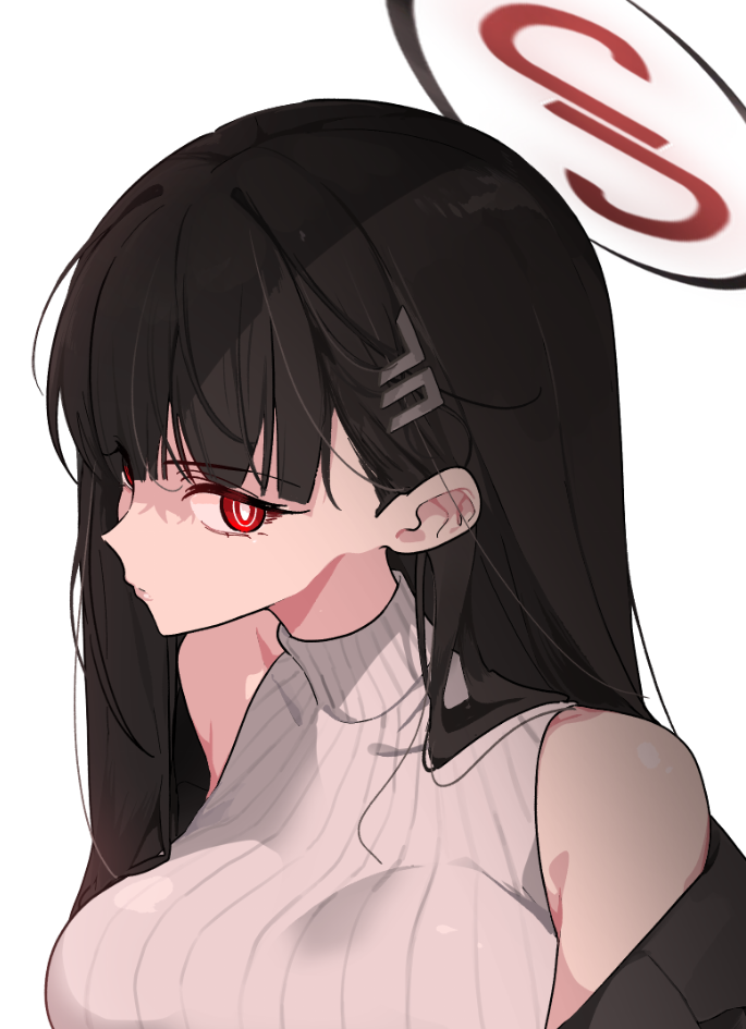 1girl bare_shoulders black_hair black_halo black_jacket blank_stare blue_archive breasts bright_pupils closed_mouth commentary dandandanholo expressionless hair_behind_ear hair_ornament hair_over_shoulder halo jacket large_breasts logo_hair_ornament long_hair looking_at_viewer millennium_science_school_logo multicolored_halo off_shoulder portrait profile red_eyes red_halo ribbed_sweater rio_(blue_archive) shiny_clothes simple_background sleeveless sleeveless_sweater solo staring straight_hair sweater turning_head turtleneck turtleneck_sweater two-tone_halo white_background white_pupils white_sweater