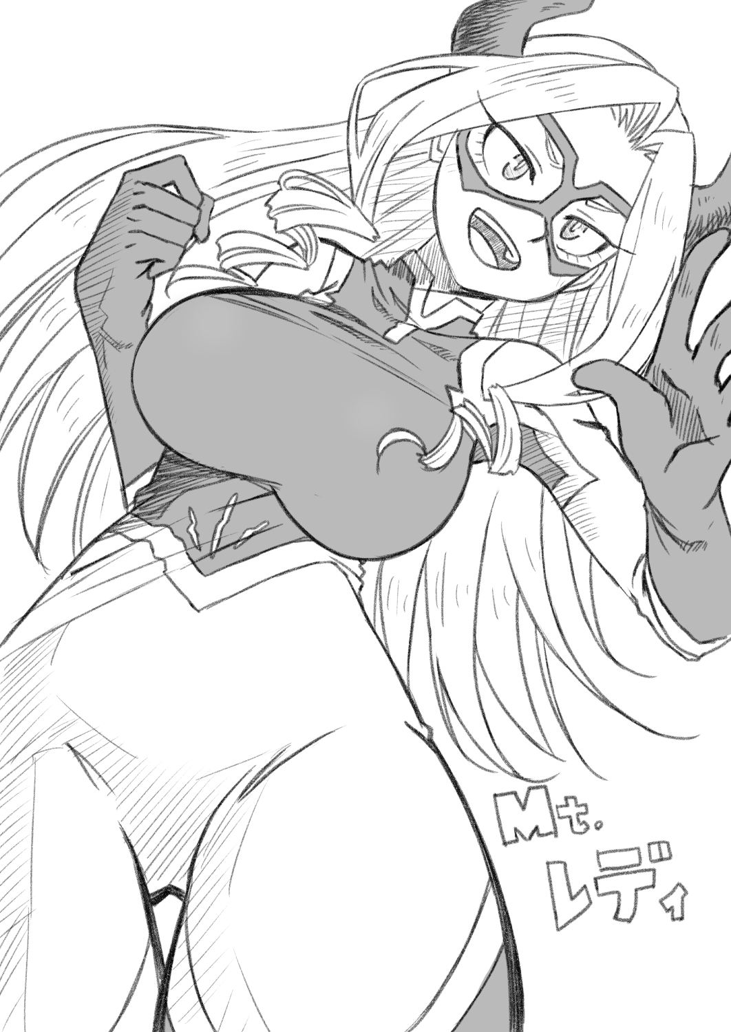 1girl bodysuit boku_no_hero_academia breasts commentary_request eyelashes gloves greyscale happy highres horns jj_(ssspulse) large_breasts long_hair looking_at_viewer lying mask monochrome mount_lady on_side open_mouth simple_background sketch smile solo standing superhero_costume translation_request white_background