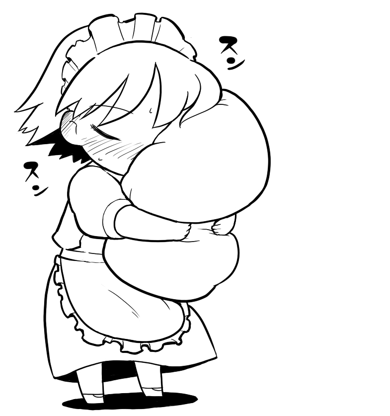 1girl blush chibi closed_eyes female_focus futaba_channel greyscale hinemosu_notari hugging_object maid monochrome nemui nijiura_maids pillow pillow_hug simple_background solo standing white_background