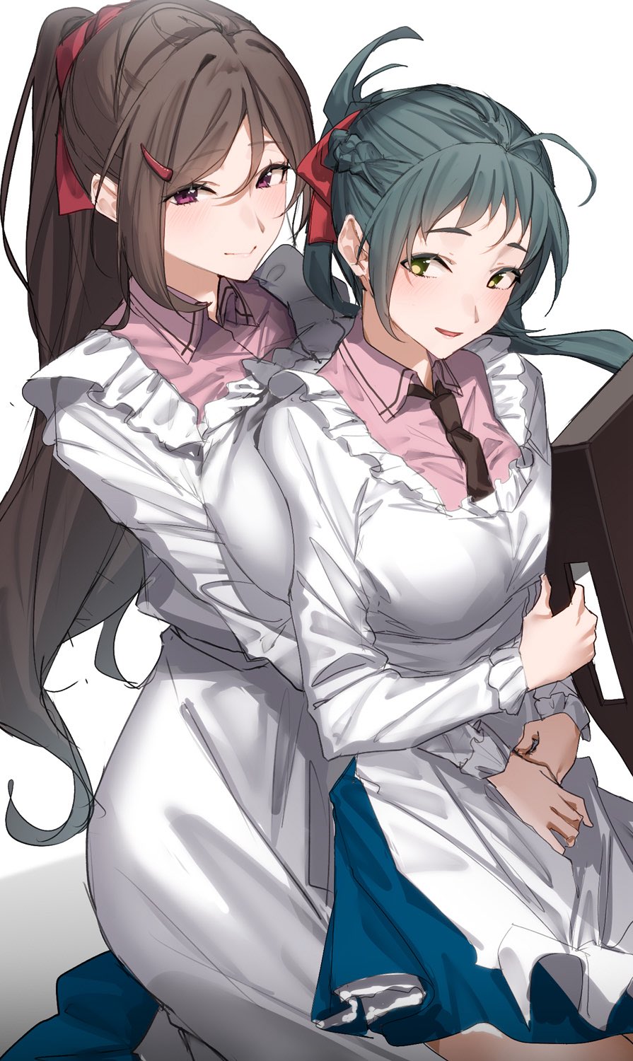 2girls apron artist_request black_necktie breast_press breasts brown_hair closed_mouth collared_shirt commentary_request eyelashes frills green_eyes hair_ornament hair_ribbon hairclip highres hug hug_from_behind irako_(kancolle) kantai_collection kappougi large_breasts long_hair long_sleeves mamiya_(kancolle) multiple_girls necktie parted_lips pink_shirt ponytail purple_eyes red_ribbon ribbon second-party_source shirt simple_background sitting