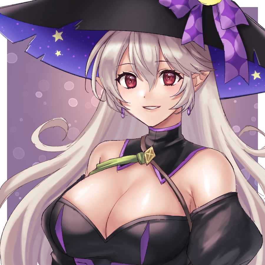 1girl bare_shoulders black_dress bow breasts cleavage commentary corrin_(female)_(fire_emblem) corrin_(female)_(halloween)_(fire_emblem) dress earrings fire_emblem fire_emblem_fates fire_emblem_heroes grey_hair grin halloween halloween_costume hat hat_bow hazuki_(nyorosuke) jewelry large_breasts long_hair looking_at_viewer nintendo off-shoulder_dress off_shoulder official_alternate_costume pointy_ears puffy_sleeves purple_bow purple_hat red_eyes revision smile solo upper_body very_long_hair witch witch_hat