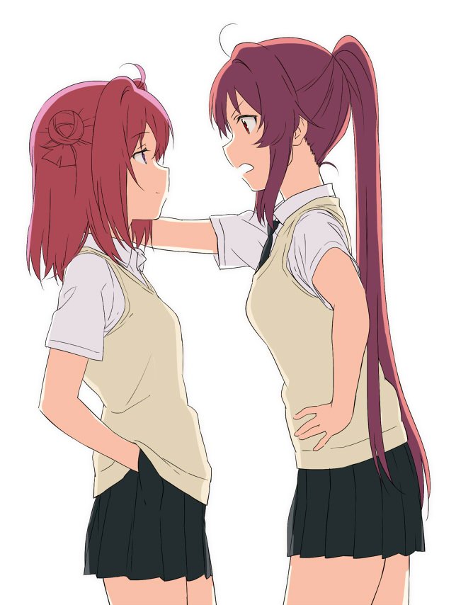 2girls akaza_akari black_neckwear black_skirt blush breasts closed_mouth collared_shirt hair_bun hand_in_pocket long_hair looking_at_another miniskirt multiple_girls necktie open_mouth ponytail purple_eyes purple_hair red_eyes red_hair school_uniform shikou_sakugo_(qqap9gt9k) shirt simple_background single_hair_bun skirt small_breasts smile standing sugiura_ayano white_background yuri yuruyuri
