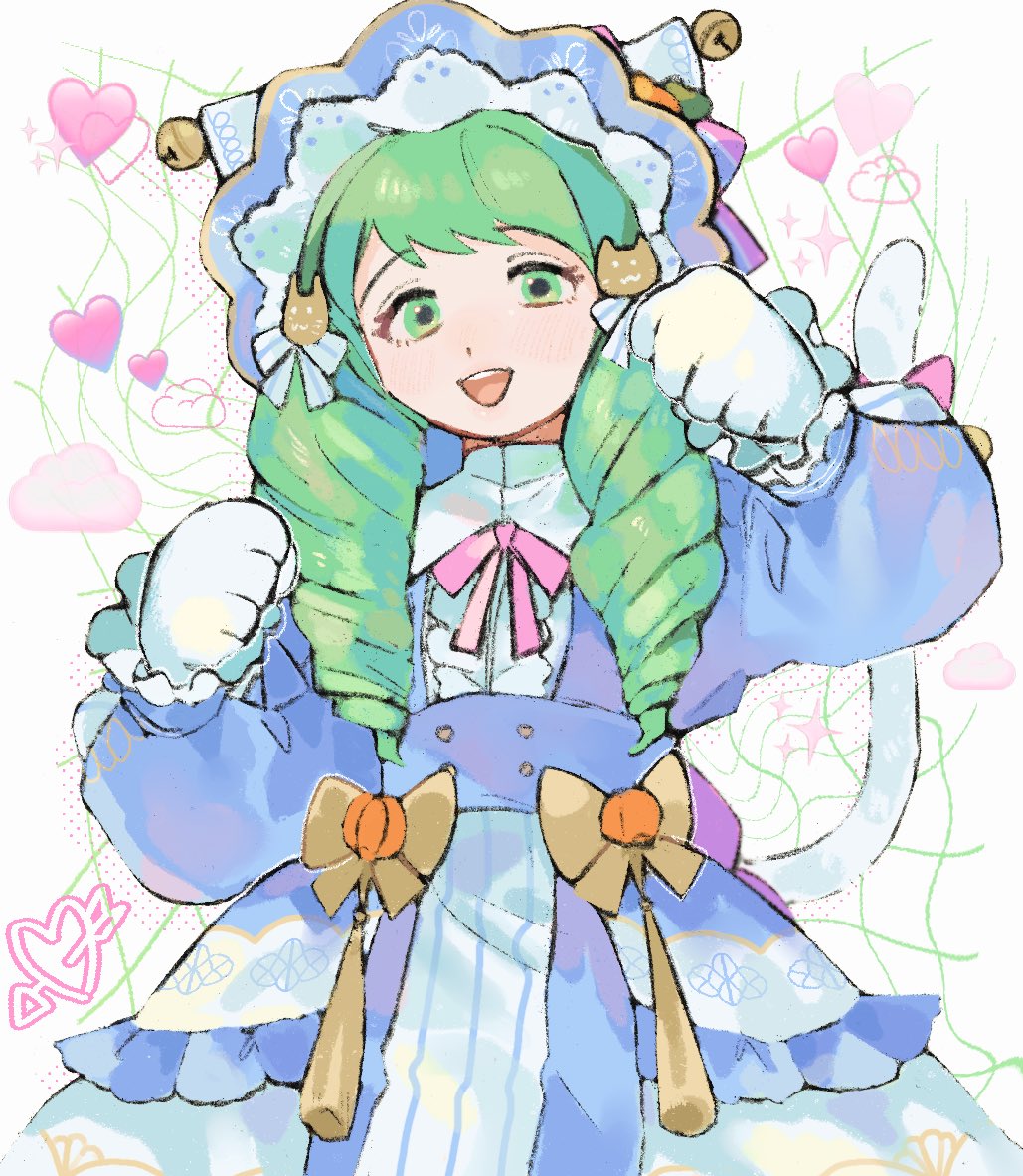 1girl animal_hands cat_paws drill_hair fire_emblem fire_emblem:_three_houses fire_emblem_heroes flayn_(fire_emblem) flayn_(halloween)_(fire_emblem) green_eyes green_hair halloween halloween_costume nintendo official_alternate_costume ohima17 open_mouth solo teeth turtleneck twin_drills upper_body upper_teeth_only