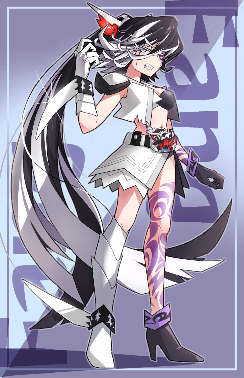 1girl angry asymmetrical_footwear asymmetrical_gloves belt black_footwear black_gloves black_hair black_panties blue_background boots breasts cleavage clenched_teeth dinosaur double_driver fang fang_memory gaia_memory gloves grey_background hair_ornament heterochromia high_heels highres jacket kamen_rider kamen_rider_double kamen_rider_double_(fangjoker) kamen_rider_w leg_tattoo long_hair looking_at_viewer medium_breasts midriff mismatched_footwear mismatched_gloves multicolored_hair multicolored_jacket navel panties panty_peek personification ponytail purple_eyes rider-tan rider_belt shoes shoulder_pads standing strapless tattoo teeth thigh_boots tube_top two-tone_background two-tone_hair two-tone_jacket two-tone_shirt two-tone_skirt underwear watakei_(16161717) weapon white_eyes white_footwear white_gloves wrist_blades
