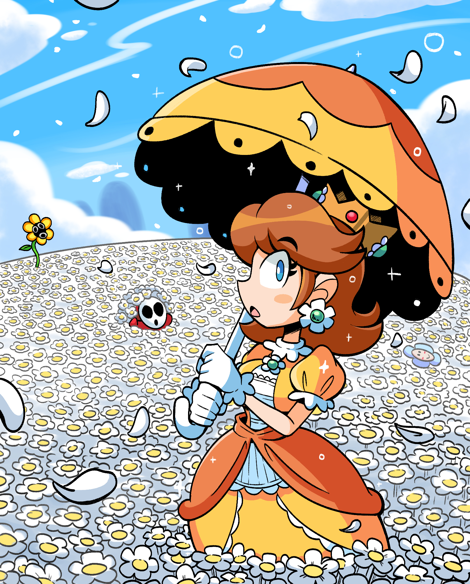 crown daisy dress earrings flipped_hair flower flower_brooch flower_earrings frilled_gloves frills gloves highres hollow_eyes hollow_mouth jewelry kevin_arthur mario_(series) nintendo orange_dress parasol petals princess princess_daisy shy_guy sphere_earrings umbrella