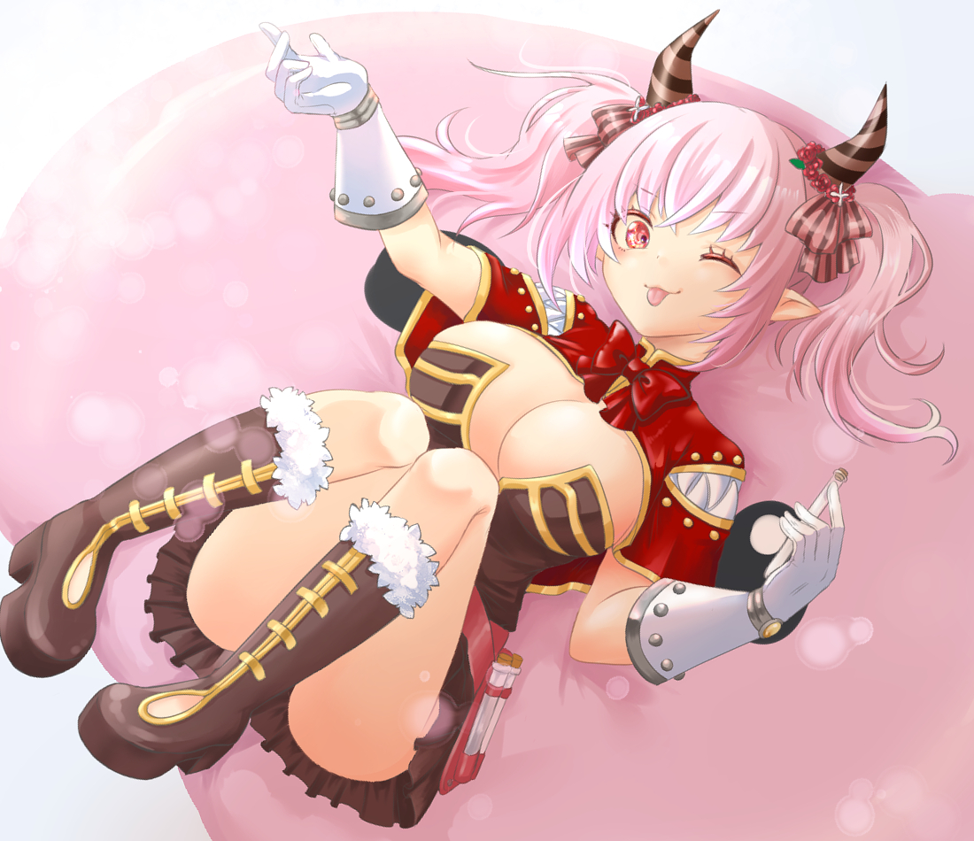 1girl boots bow bowtie breasts brown_boots brown_dress brown_horns cape cleavage closed_mouth commentary_request convenient_leg creator_(ragnarok_online) dress flower full_body fur-trimmed_boots fur_trim gloves hair_flower hair_ornament holding holding_vial horns large_breasts long_hair looking_at_viewer lying on_back one_eye_closed pink_background pink_hair pointy_ears ragnarok_online red_bow red_bowtie red_cape red_eyes red_flower ruchine short_dress smile solo strapless strapless_dress striped_horns tongue tongue_out twintails vial white_gloves