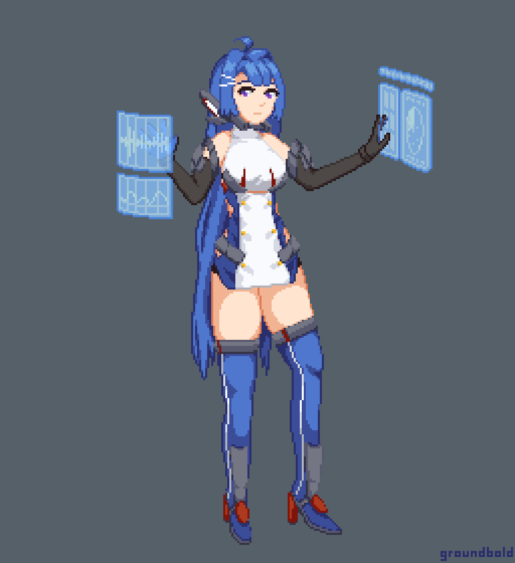 azur_lane bare_shoulders black_gloves blue_boots blue_hair boots breasts elbow_gloves full_body gloves groundbold helena_(azur_lane) helena_(retrofit)_(azur_lane) holographic_interface long_hair medium_breasts pixel_art purple_eyes retrofit_(azur_lane) solo very_long_hair