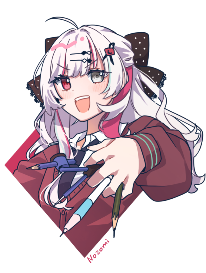 1girl ahoge between_fingers black_bow blue_necktie blush bow cardigan character_name collared_shirt commentary compass cropped_torso dress_shirt grey_eyes hair_bow hair_ornament hairclip heterochromia holding ishigami_nozomi kashikaze long_hair long_sleeves looking_at_viewer multicolored_hair multiple_wielding necktie nijisanji open_mouth pen pencil polka_dot polka_dot_bow red_cardigan red_eyes red_hair school_uniform shirt simple_background solo streaked_hair teeth transparent_background two-tone_hair upper_body upper_teeth_only virtual_youtuber white_hair white_shirt