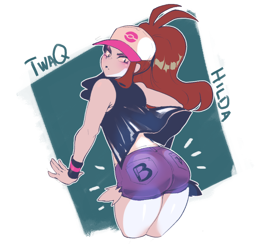 1girl ass baseball_cap big_hair brown_hair character_name commentary english_commentary female_focus from_behind game_freak hat high_ponytail hilda_(pokemon) huge_ass long_hair looking_back nintendo nyantcha pockets_visible pokemon pokemon_bw ponytail short_shorts shorts sidelocks signature sleeveless slit_pupils solo vest wide_hips wristband
