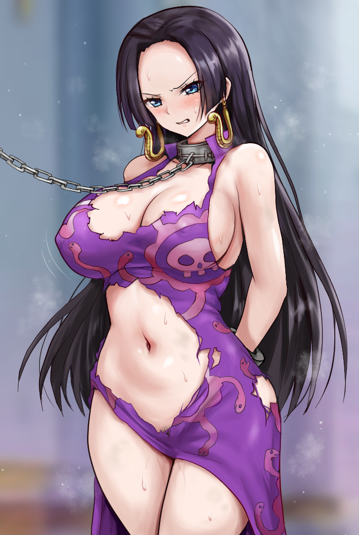 1girl arms_behind_back bdsm black_hair blue_eyes blush boa_hancock bondage bound breasts chain chain_leash cleavage collar commentary_request dress earrings female_focus female_pubic_hair jewelry large_breasts leash long_hair navel one_piece pubic_hair purple_dress r-binon skull_print slave snake_earrings solo sweat torn_clothes torn_dress