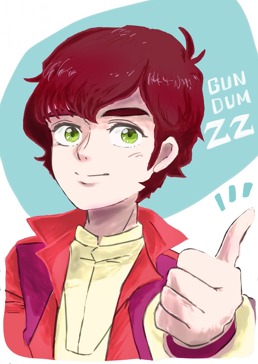 1boy brown_hair english_text engrish_text green_eyes gundam gundam_zz jacket judau_ashta kuriwone-bwg looking_at_viewer ranguage red_jacket science_fiction sketch smirk thumbs_up title upper_body