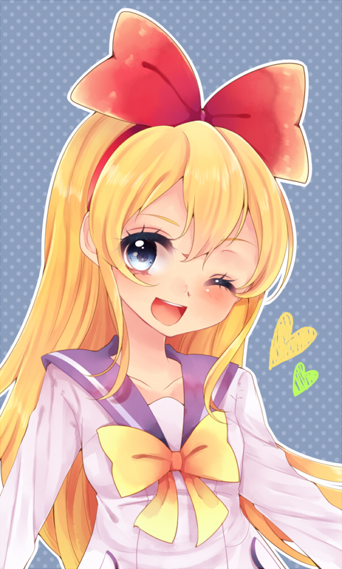 1girl ;d blonde_hair blue_background blue_eyes bow dokidoki!_precure female_focus hair_bow heart long_hair one_eye_closed open_mouth polka_dot polka_dot_background precure red_bow regina_(dokidoki!_precure) school_uniform serafuku shirt smile solo upper_body uzuki_aki white_shirt yellow_bow