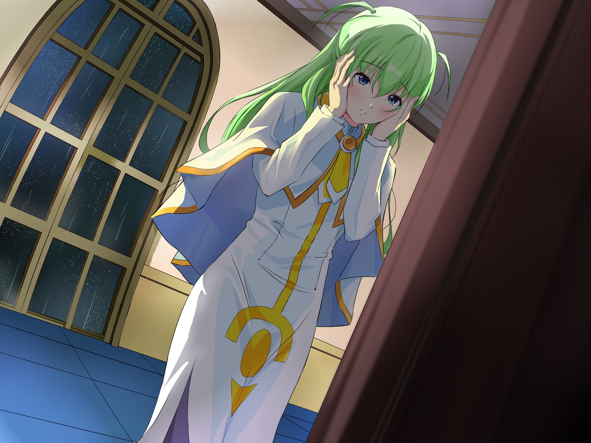 1girl alice_carroll andanden aria_(manga) blue_eyes blurry blurry_foreground blush capelet closed_mouth dress dutch_angle eyelashes feet_out_of_frame gold_trim green_hair hair_between_eyes hands_on_own_face highres impossible_clothes impossible_dress indoors long_hair long_sleeves necktie night night_sky orange_planet_uniform pantyhose purple_pantyhose rain side_slit sky solo standing two_side_up white_capelet white_dress yellow_necktie