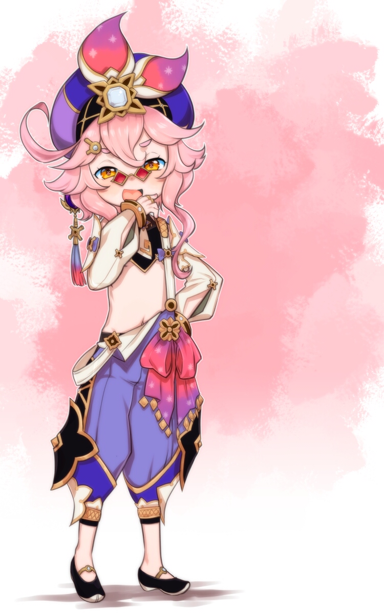 1girl :d black_boots boots commentary_request commission dori_(genshin_impact) full_body genshin_impact glasses hand_up hat highres jewelry loli long_hair long_sleeves looking_at_viewer mesugaki multiple_rings navel open_mouth orange_eyes pants pince-nez pink_hair purple_hat purple_pants red-tinted_eyewear ring skeb_commission smile solo teruki_kuma tinted_eyewear