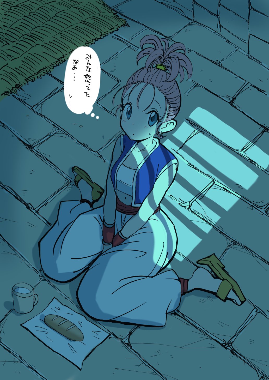1girl bread breasts collarbone cup dragon_quest dragon_quest_iii earrings food full_body highres jewelry kajino_(aosansai) looking_at_viewer merchant_(dq3) midriff navel pink_hair ponytail short_hair solo speech_bubble vest