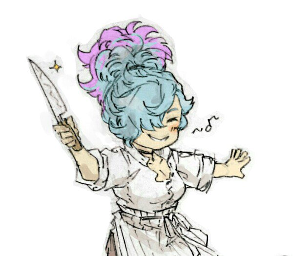 1girl alternate_costume alternate_hairstyle blue_hair breasts cleavage fire_emblem fire_emblem_fates gradient_hair hair_over_one_eye high_ponytail holding holding_knife hotate_rayan knife large_breasts multicolored_hair nintendo peri_(fire_emblem) pink_hair ponytail two-tone_hair