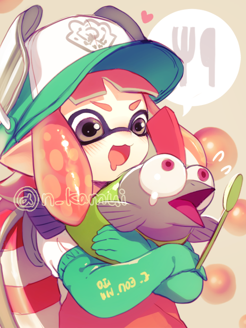1girl artist_name baseball_cap brown_eyes commentary_request creature drooling elbow_gloves flying_sweatdrops gloves green_gloves green_hat hat holding holding_creature inkling inkling_girl inkling_player_character kamui_natsuki medium_hair mouth_drool nintendo open_mouth orange_hair orange_overalls overalls pointy_ears rubber_gloves salmon_run_(splatoon) salmonid shirt smallfry_(splatoon) smile solo speech_bubble splatoon_(series) splatoon_2 tentacle_hair upper_body white_shirt