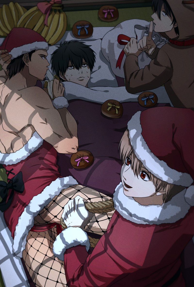 4boys animal_costume anpan bag banana black_hair dress eating finger_to_mouth food fruit fur-trimmed_dress fur-trimmed_sleeves fur_trim futon gintama hat hijikata_toushirou holding holding_bag holding_rope indoors kondou_isao light_brown_hair lying multiple_boys nikuhen official_style okita_sougo on_back red_eyes reindeer_costume ribbon rope santa_costume santa_dress santa_hat short_dress shushing smile sweat yamazaki_sagaru